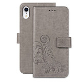 iPhone XR Case Grey Embossed PU Leather & TPU Wallet-style Cover with 2 Card Slots, Built-in Kickstand, and Magnetic Flap Closure | Leather Apple iPhone XR Covers | Leather Apple iPhone XR Cases | iCoverLover