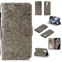 For iPhone 12, 12 mini, 12 Pro, 12 Pro Max Case, Floral Lace Pattern PU Leather Wallet Cover, Grey | iCoverLover Australia