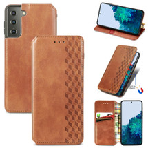 For Samsung Galaxy S21 Ultra/S21+ Plus/S21 Case, Cubic Grid Magnetic Folio PU Leather Cover Wallet, Kickstand, Brown | iCoverLover.com.au | Phone Cases