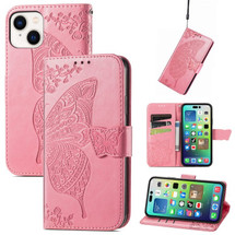 For iPhone 15 Pro Max, 15 Pro, 15 Plus & 15 Case, Butterfly & Floral Embossed PU Leather Wallet Cover, Pink | iCoverLover Australia