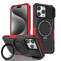 For iPhone 15 Pro Max, 15 Pro, 15 Case, MagSafe Compatible, Sliding Cam Shield & Holder, Protective Cover, Black Red | iCoverLover Australia