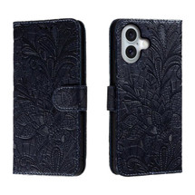 For iPhone 16 Pro Max, iPhone 16 Pro, iPhone 16 Case, Floral Lace Pattern PU Leather Wallet Cover, Dark Blue | iCoverLover.com.au
