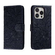For iPhone 16 Pro Case, Floral Lace Pattern PU Leather Wallet Cover, Dark Blue | iCoverLover Australia