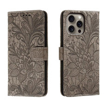 For iPhone 16 Pro Max Case, Floral Lace Pattern PU Leather Wallet Cover, Grey | iCoverLover Australia