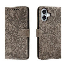 For iPhone 16 Case, Floral Lace Pattern PU Leather Wallet Cover, Grey | iCoverLover Australia