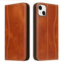 For iPhone 15 Plus Case, Fierre Shann Genuine Cowhide Leather Wallet Cover, Brown | iCoverLover Australia