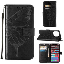 For iPhone 14 Pro Max Case, Embossed Floral Butterfly, PU Leather Wallet Cover, Lanyard, Stand, Black | iCoverLover Australia
