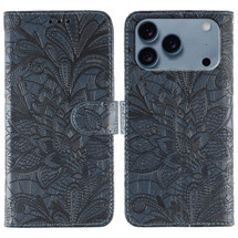 For iPhone 17 Pro Wallet Case - Elegant Lace Flower PU Leather Folio Cover, Dark Blue | iCoverLover Australia