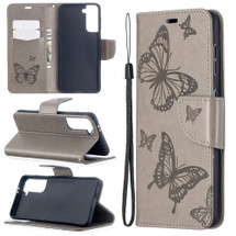 For Samsung Galaxy S21 Case Butterflies Emboss Folio PU Leather Cover, Wallet, Kickstand & Lanyard, Grey | iCoverLover Australia