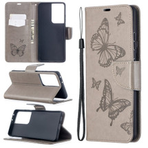 For Samsung Galaxy S21 Case Ultra Case Butterflies Emboss Folio PU Leather Cover, Wallet, Kickstand & Lanyard, Grey | iCoverLover Australia