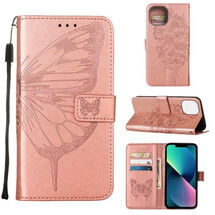For iPhone 14 Plus Case, Embossed Floral Butterfly, PU Leather Wallet Cover, Lanyard, Stand, Rose Gold | iCoverLover Australia