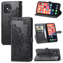 For iPhone 13 Pro Case, Mandala Emboss PU Leather Wallet Cover, Stand, Lanyard, Black | iCoverLover Australia