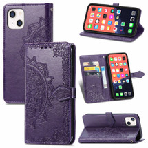 For iPhone 13 Case, Mandala Emboss PU Leather Wallet Cover, Stand, Lanyard, Purple | iCoverLover Australia