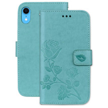 iPhone XR Case Green Rose-Embossed Horizontal Flip PU Leather Cover With 2 Card Slots, Cash Pocket Compartment | Leather Apple iPhone XR Cases | Leather Apple iPhone XR Covers | iCoverLover