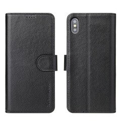 iPhone XS & X Case Black Real Top-grain Cow Leather Wallet Folio Case with 3 Card Slots, 1 Cash Compartment, Impact-proof, and Enhanced Grip | Genuine Leather iPhone XS & X Cases | Genuine Leather iPhone XS & X Covers