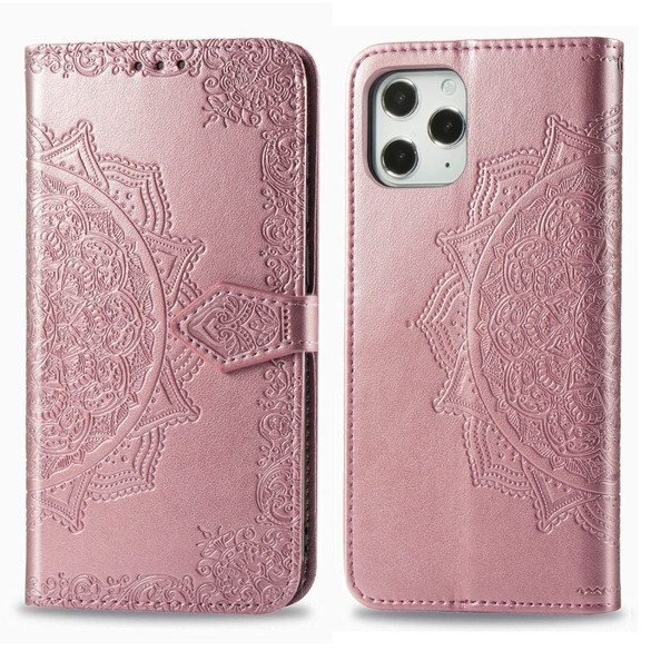 iPhone 12, 12 mini, 12 Pro, 12 Pro Max Case, Embossed Mandala Design PU Leather Wallet Cover, Stand, Lanyard, Rose Gold | iCoverLover Australia
