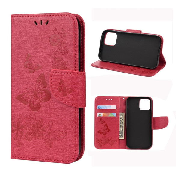 For iPhone 12 mini, 12 Pro Max Case, Vintage Butterflies Pattern PU Leather Wallet Cover, Stand, Red | iCoverLover Australia