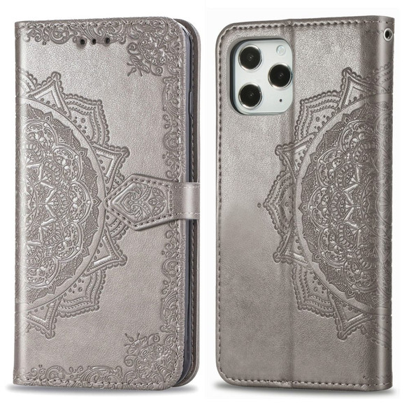 iPhone 12, 12 mini, 12 Pro, 12 Pro Max Case, Embossed Mandala Design PU Leather Wallet Cover, Stand, Lanyard, Grey | iCoverLover Australia