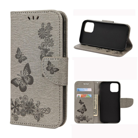 For iPhone 12 mini, 12 Pro Max Case, Vintage Butterflies Pattern PU Leather Wallet Cover, Stand, Grey | iCoverLover.com.au