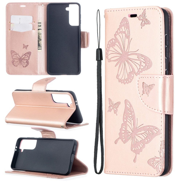 For Samsung Galaxy S21 Ultra/S21+ Plus/S21 Case, Butterflies Folio PU Leather Wallet Cover, Stand & Lanyard,Rose Gold | iCoverLover.com.au | Phone Cases