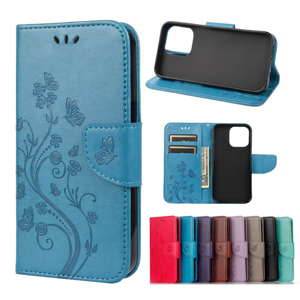 For iPhone 13 Pro Max, 13 Case Playful Butterflies PU Leather Wallet Cover, Stand, Blue | PU Leather Cases | iCoverLover.com.au