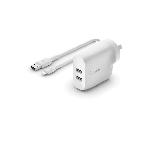 Belkin BOOSTCHARGE Dual Wall Charger, Lightning to USB-A Cable, White, 24W | iCoverLover Australia