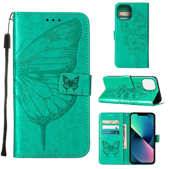 For iPhone 14 Pro Max, 14 Pro, 14 Plus, 14 Case, Floral Butterfly, PU Leather, Lanyard, Stand, Green | Wallet Folio Cases | iCoverLover.com.au