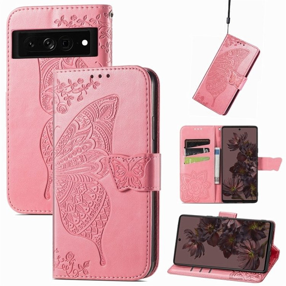 For Google Pixel 7 Pro Case, Butterfly Embossed Cover, Stand, Pink | Wallet Cases | iCoverLover.com.au