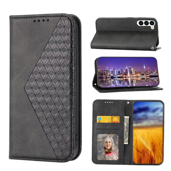 For Samsung Galaxy S23 Ultra, S23+ Plus, S23 Case, Cubic Grid PU Leather Wallet Cover, Black | Folio Cases | iCoverLover.com.au