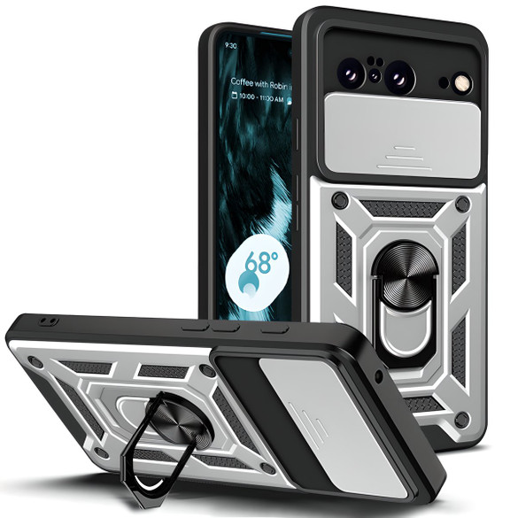 For Google Pixel 8 Pro 5G or Pixel 8 5G Case, Camera Cover and Ring Stand Protective Cover, Silver | iCoverLover Australia