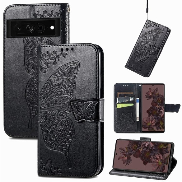For Google Pixel 7 Case, Butterfly Embossed Cover, Stand, Black | Wallet Cases | iCoverLover.com.au