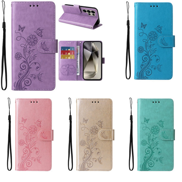 For Samsung Galaxy S25 Ultra PU Leather Case - Embossed Butterfly & Flower Design, Card Holder & Stand | iCoverLover.com.au