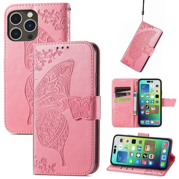 For iPhone 15 Pro Max Case, Butterfly & Floral Embossed PU Leather Wallet Cover, Pink | iCoverLover Australia