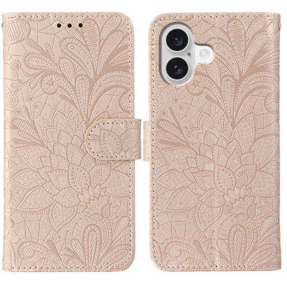 For iPhone 17 Wallet Case - Elegant Lace Flower PU Leather Folio Cover, Rose Gold | iCoverLover Australia