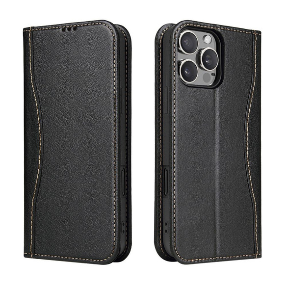 For iPhone 16 Pro Case, Fierre Shann Genuine Cowhide Leather Wallet Cover, Black | iCoverLover Australia