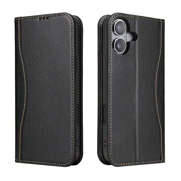 For iPhone 16 Plus Case, Fierre Shann Genuine Cowhide Leather Wallet Cover, Black | iCoverLover Australia