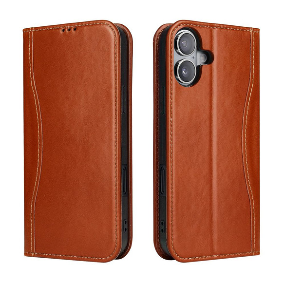 For iPhone 16 Plus Case, Fierre Shann Genuine Cowhide Leather Wallet Cover, Brown | iCoverLover Australia