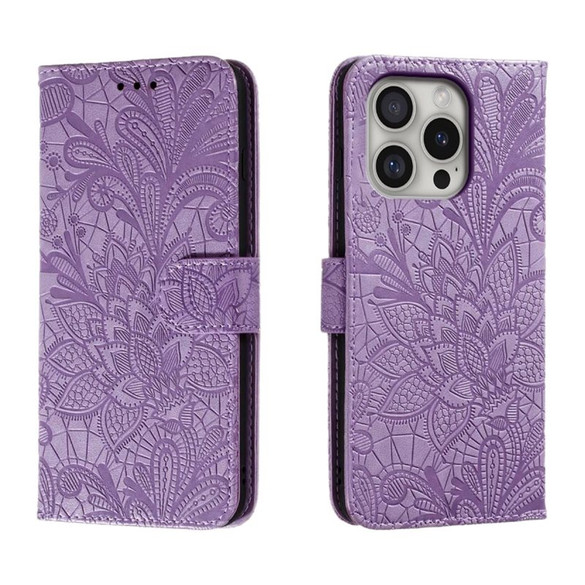 For iPhone 16 Pro Case, Floral Lace Pattern PU Leather Wallet Cover, Purple | iCoverLover Australia