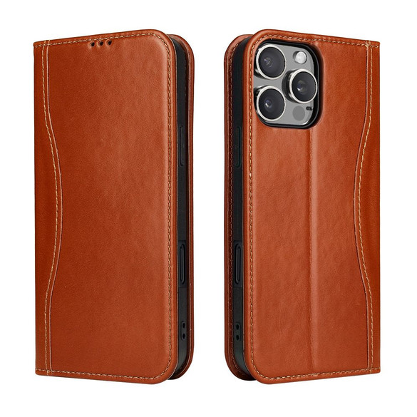 For iPhone 16 Pro Max Case, Fierre Shann Genuine Cowhide Leather Wallet Cover, Brown | iCoverLover Australia