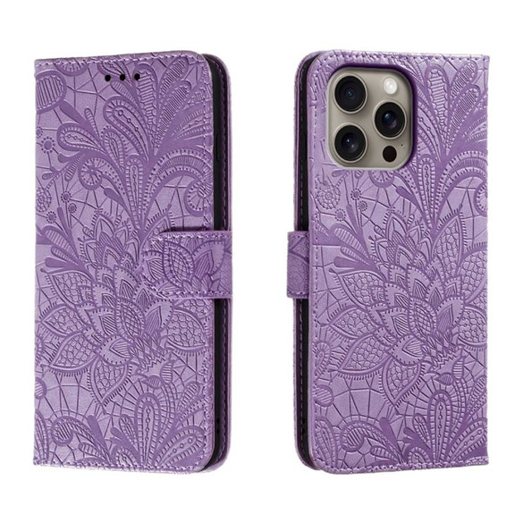 For iPhone 16 Pro Max Case, Floral Lace Pattern PU Leather Wallet Cover, Purple | iCoverLover Australia