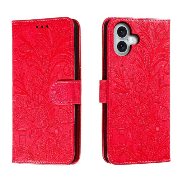 For iPhone 16 Plus Case, Floral Lace Pattern PU Leather Wallet Cover, Red | iCoverLover Australia