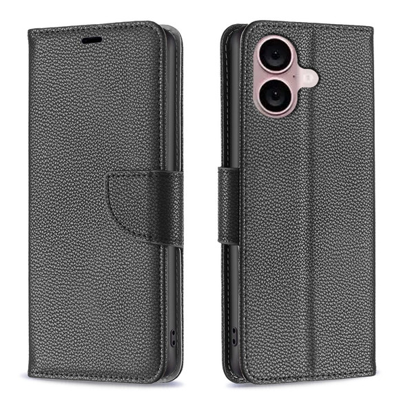 For iPhone 16 Case, Lychee Texture Folio PU Leather Wallet Cover, Black | iCoverLover Australia