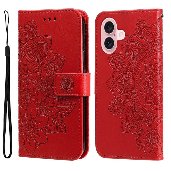 For iPhone 16 Case, Flower Mandala PU Leather Folio Wallet Cover, Red | iCoverLover Australia