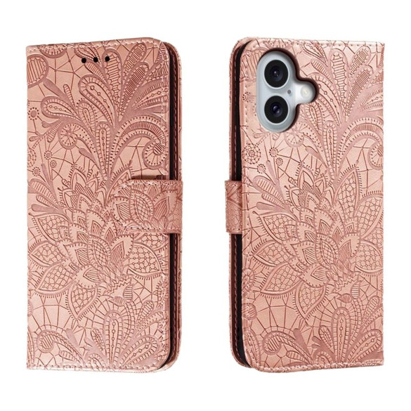 For iPhone 16 Case, Floral Lace Pattern PU Leather Wallet Cover, Rose Gold | iCoverLover Australia