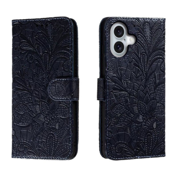 For iPhone 16 Case, Floral Lace Pattern PU Leather Wallet Cover, Dark Blue | iCoverLover Australia