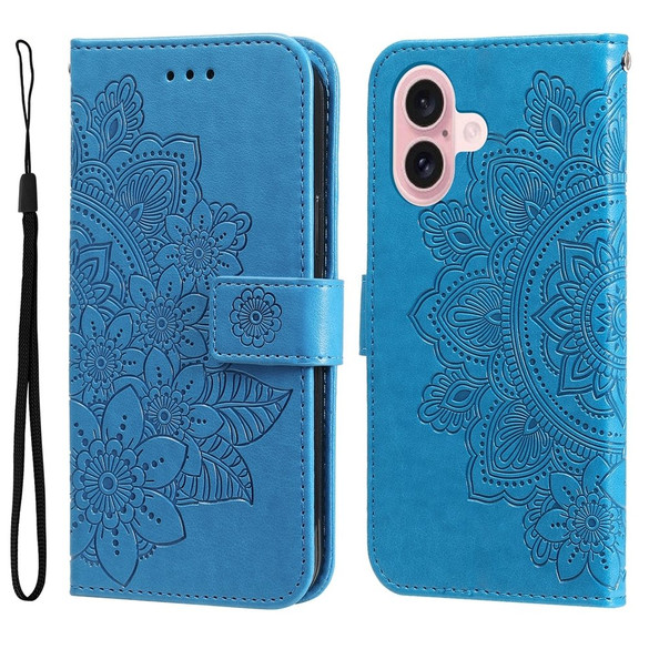 For iPhone 16 Case, Flower Mandala PU Leather Folio Wallet Cover, Blue | iCoverLover Australia