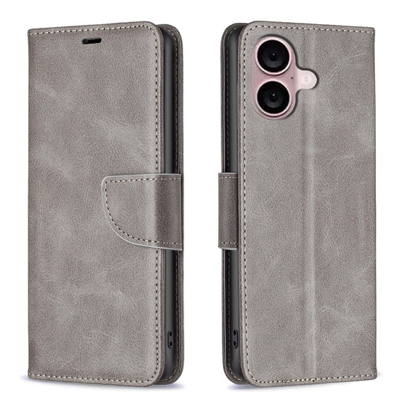 For iPhone 16 Case, Lambskin Texture PU Leather Folio Wallet Cover, Grey | iCoverLover Australia