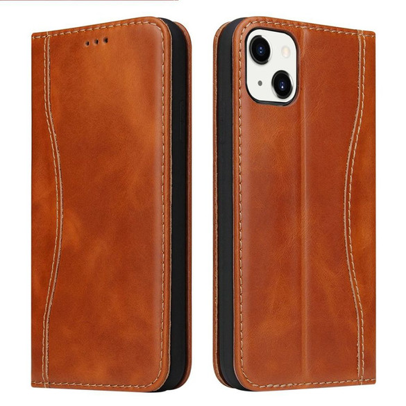 For iPhone 15 Plus Case, Fierre Shann Genuine Cowhide Leather Wallet Cover, Brown | iCoverLover Australia