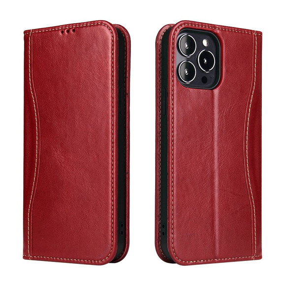 For iPhone 15 Pro Max Case, Fierre Shann Genuine Cowhide Leather Wallet Cover, Red | iCoverLover Australia