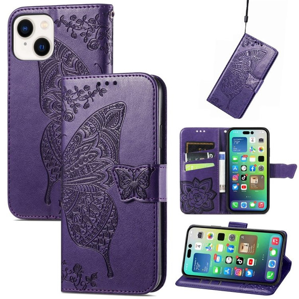 For iPhone 15 Case, Butterfly & Floral Embossed PU Leather Wallet Cover, Dark Purple | iCoverLover Australia